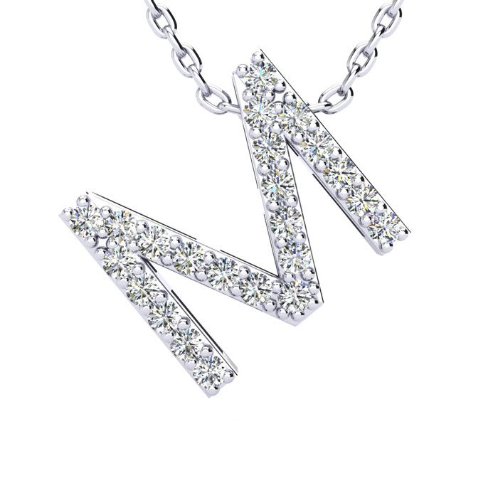 Letter M Diamond Initial Necklace In 14K White Gold With 13 Diamonds