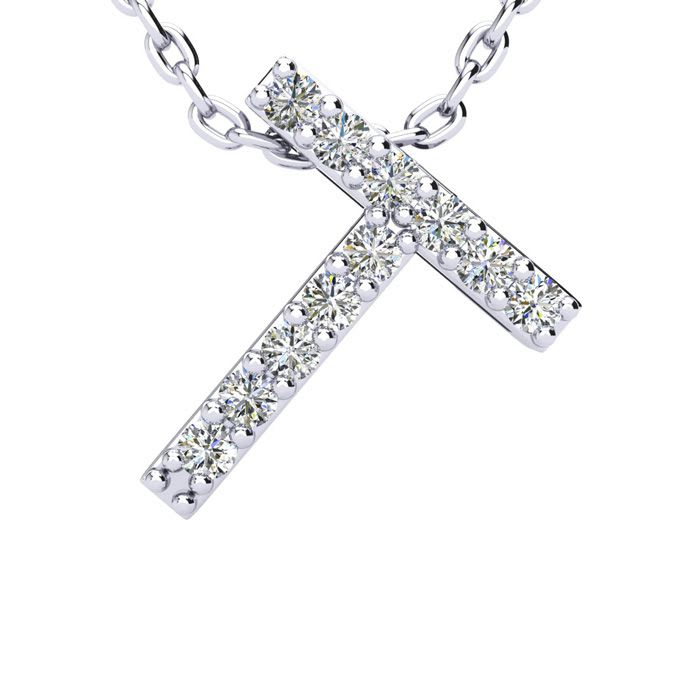 Letter T Diamond Initial Necklace In 14K White Gold With 13 Diamonds