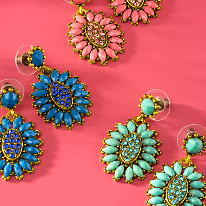 Passiana Cluster Flower Crystal Earrings, Blue