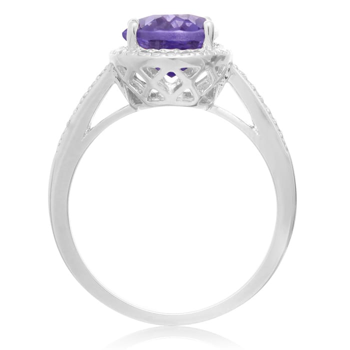 3 Carat Oval Shape Created Tanzanite and Diamond Halo Ring In Sterling Silver