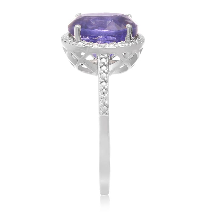 3 Carat Oval Shape Created Tanzanite and Diamond Halo Ring In Sterling Silver