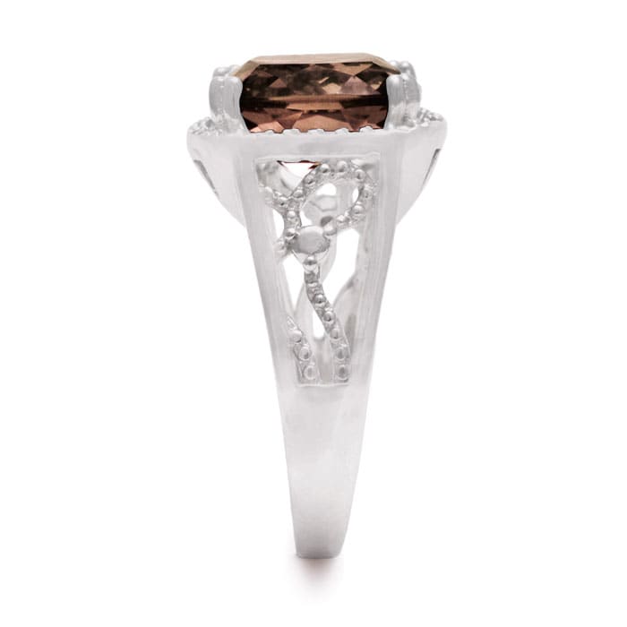 5 1/3 Carat Cushion Cut Halo Style Smoky Quartz Ring In Sterling Silver