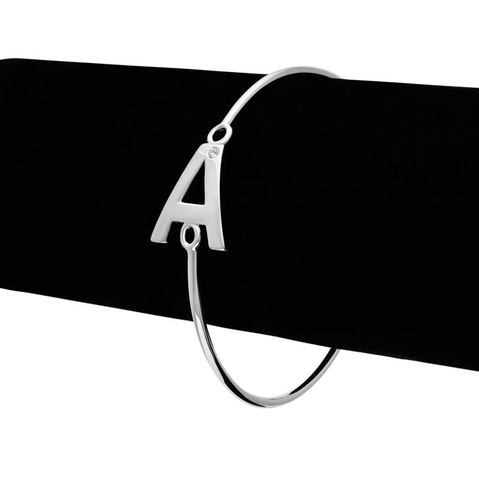 Initial "A" Bangle Bracelet With Cubic Zirconia Accent