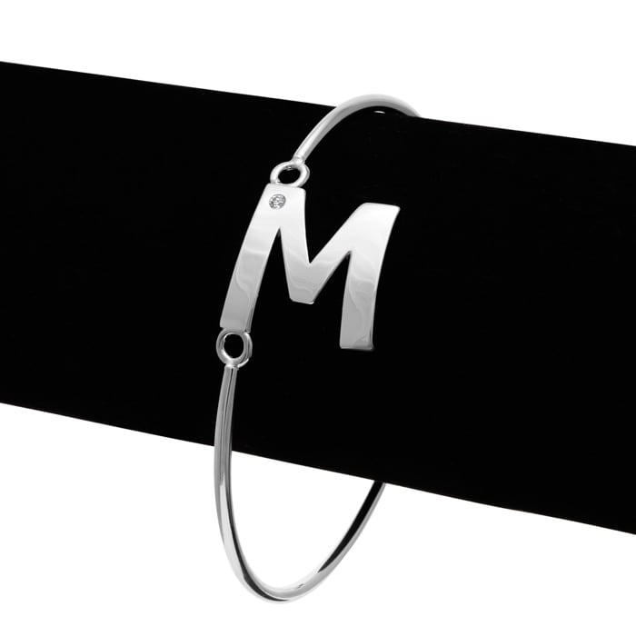 Initial "M" Bangle Bracelet With Cubic Zirconia Accent