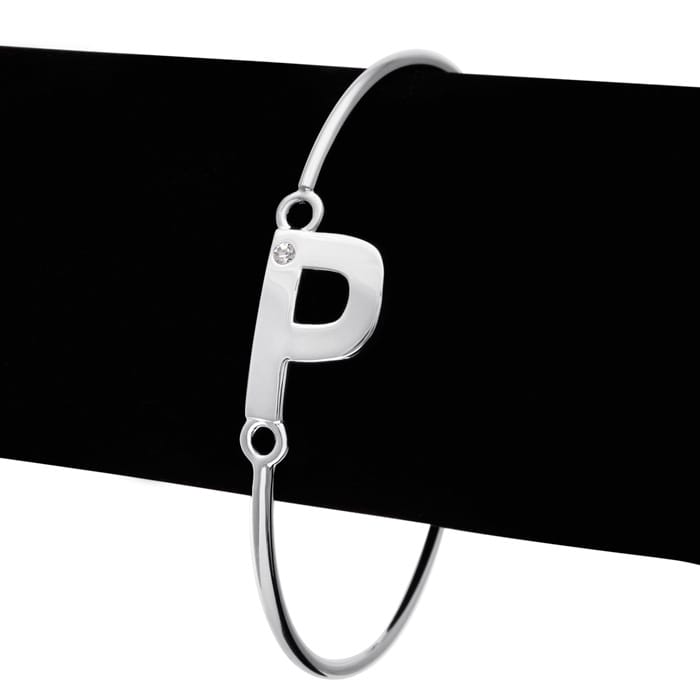 Initial "P" Bangle Bracelet With Cubic Zirconia Accent