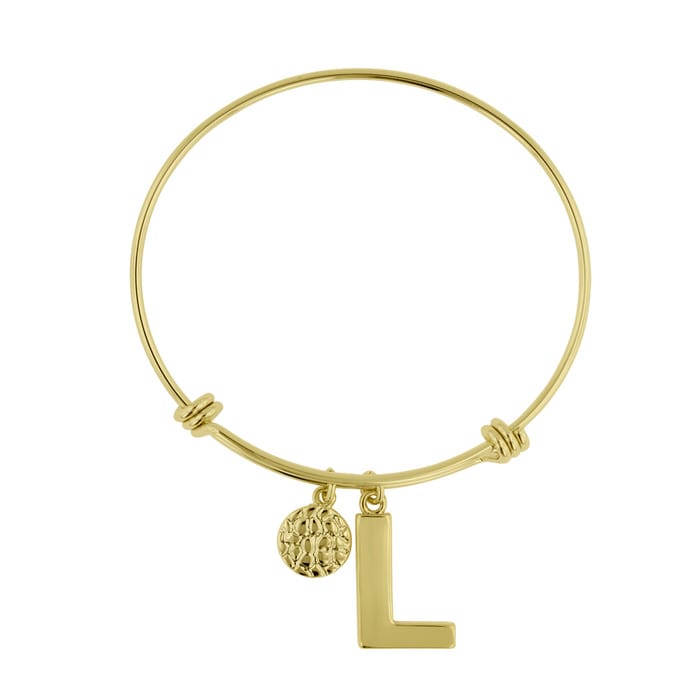 Yellow Gold "L" Initial Expandable Wire Bangle Bracelet 