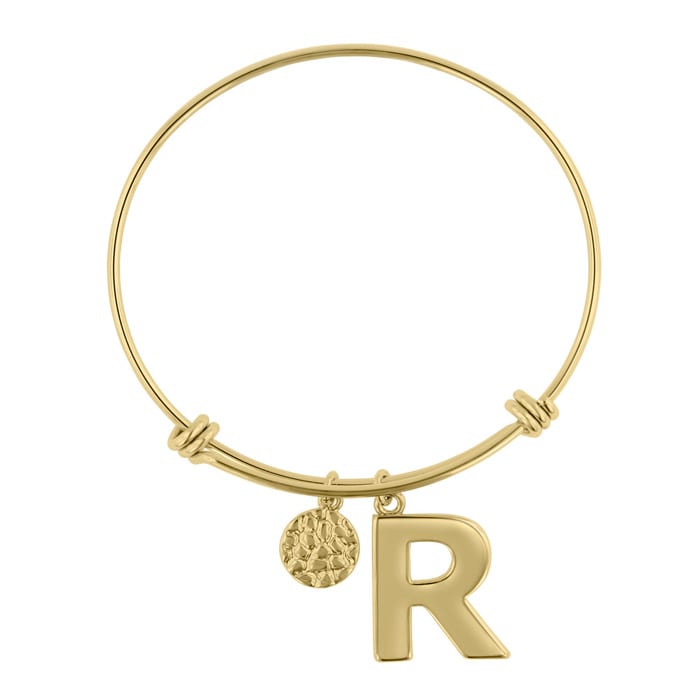 Yellow Gold "R" Initial Expandable Wire Bangle Bracelet 