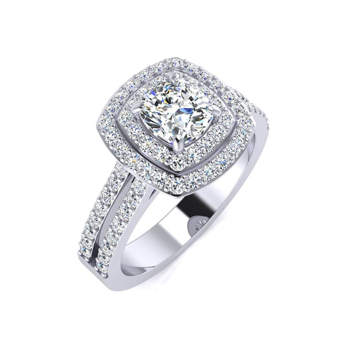 1 1/2 Carat Double Halo Cushion Cut Diamond Engagement Ring in 14 Karat White Gold
