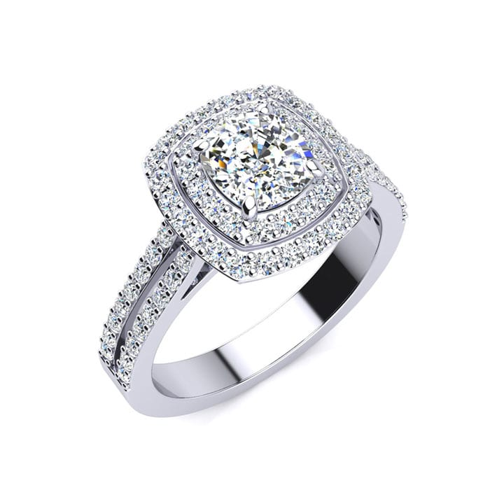2 Carat Double Halo Cushion Cut Diamond Engagement Ring in 14 Karat White Gold