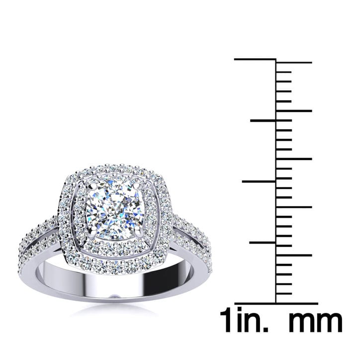 2 Carat Double Halo Cushion Cut Diamond Engagement Ring in 14 Karat White Gold