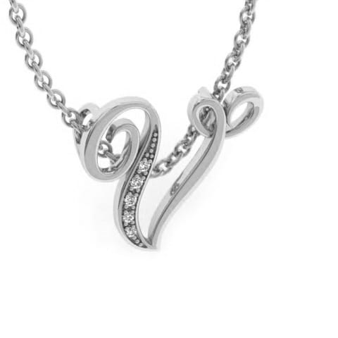 Letter V Diamond Initial Necklace In White Gold With 6 Diamonds