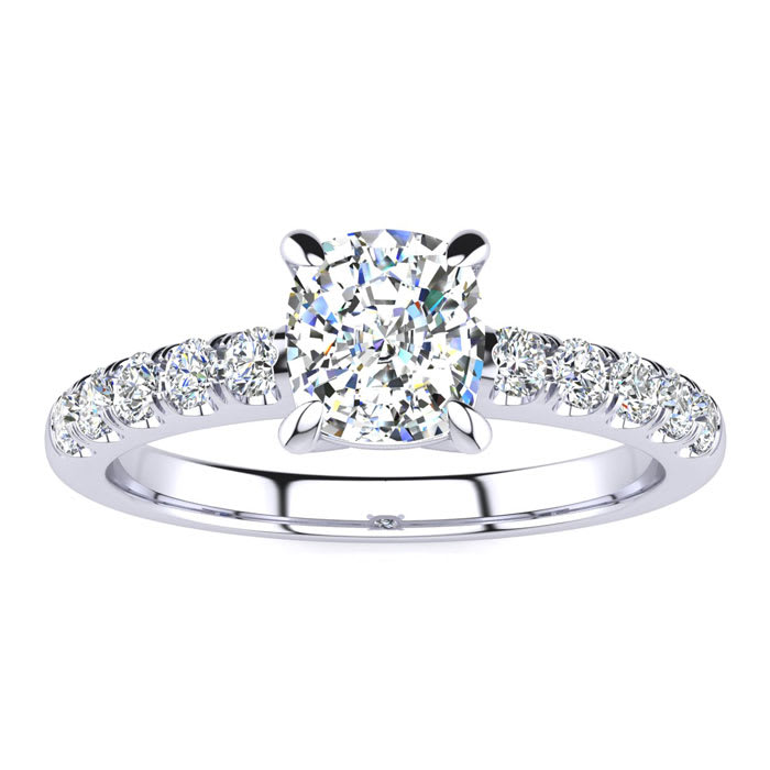 1 1/3 Carat Traditional Diamond Engagement Ring with 1 Carat Center Cushion Cut Solitaire In White Gold 