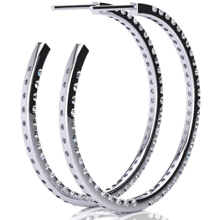 14K White Gold 2 Carat Diamond Three Quarter Hoop Earrings