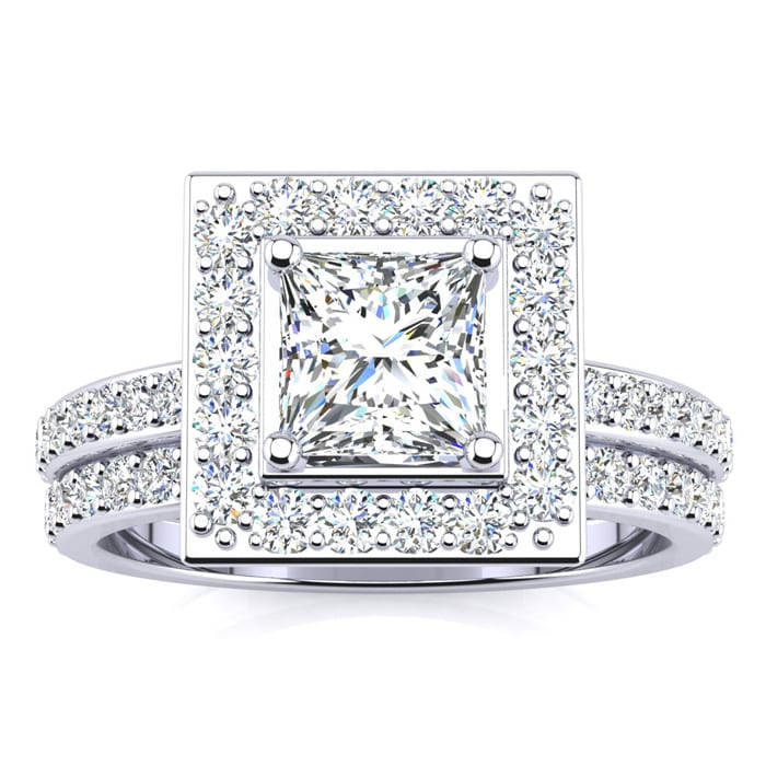 2 Carat Princess Cut Halo Diamond Bridal Set in 14k White Gold