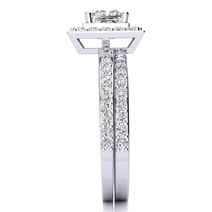 2 Carat Princess Cut Halo Diamond Bridal Set in 14k White Gold