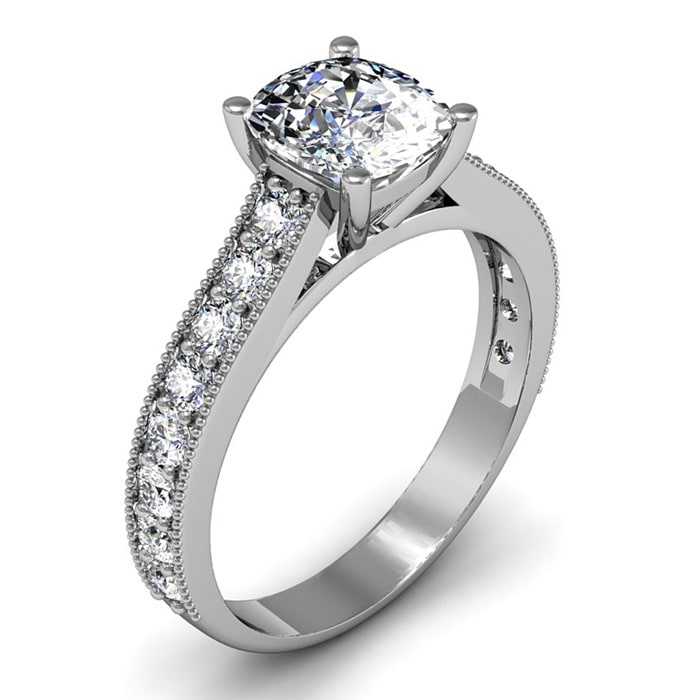 1 1/2 Carat Diamond Engagement Ring With 1 Carat Cushion Cut Center Diamond In 14K White Gold
