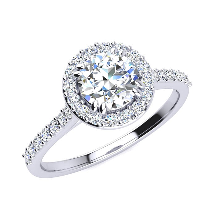1 Carat Round Halo Diamond Engagement Ring in 14K White Gold. Very Popular, Super Beautiful, Classically Elegant

