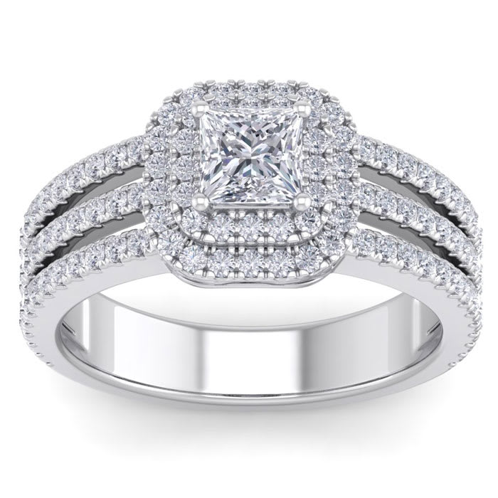 1 1/2 Carat Princess Shape Double Halo Diamond Engagement Ring In 14 Karat White Gold