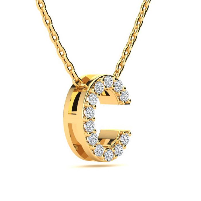 Letter C Diamond Initial Necklace In 14K Yellow Gold With 13 Diamonds