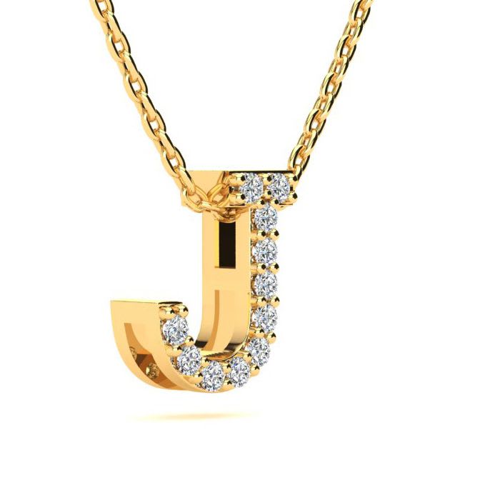 Letter J Diamond Initial Necklace In 14K Yellow Gold With 13 Diamonds