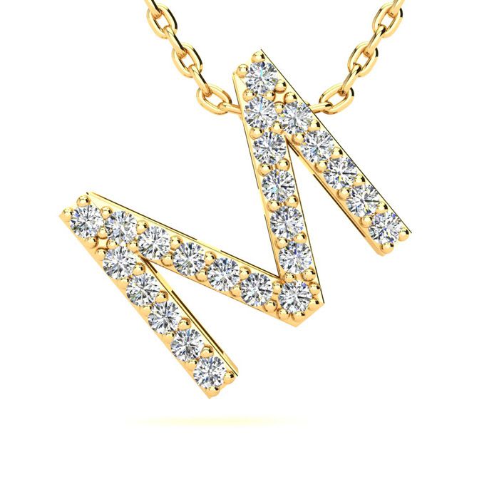 Letter M Diamond Initial Necklace In 14K Yellow Gold With 13 Diamonds