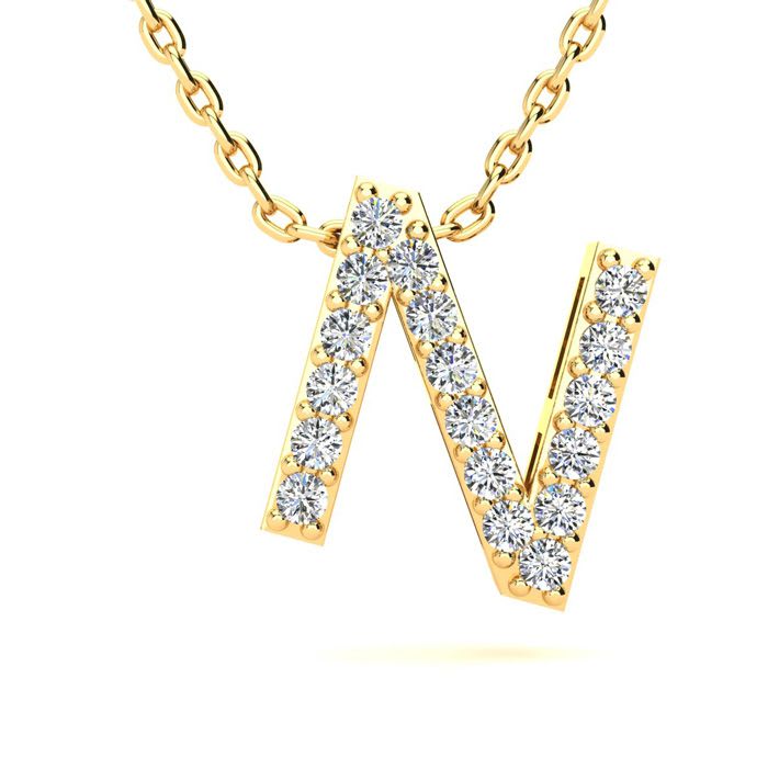 Letter N Diamond Initial Necklace In 14K Yellow Gold With 13 Diamonds