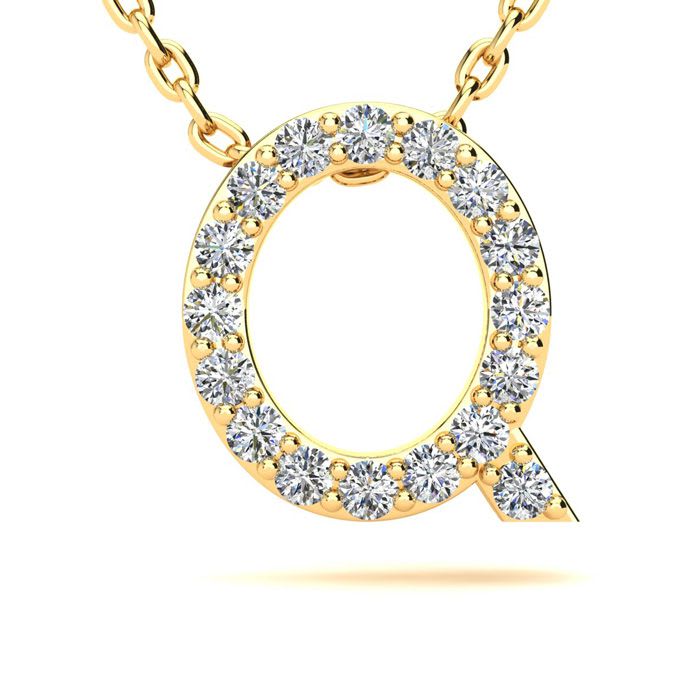 Letter Q Diamond Initial Necklace In 14K Yellow Gold With 13 Diamonds