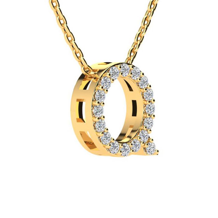 Letter Q Diamond Initial Necklace In 14K Yellow Gold With 13 Diamonds