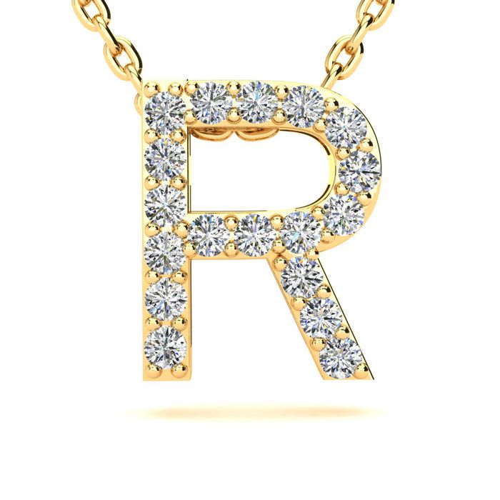 Letter R Diamond Initial Necklace In 14K Yellow Gold With 13 Diamonds