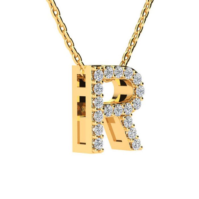 Letter R Diamond Initial Necklace In 14K Yellow Gold With 13 Diamonds