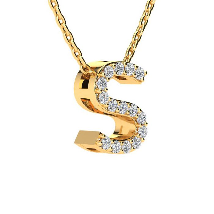 Letter S Diamond Initial Necklace In 14K Yellow Gold With 13 Diamonds