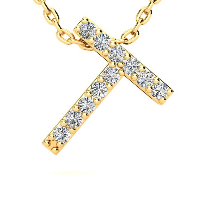 Letter T Diamond Initial Necklace In 14K Yellow Gold With 13 Diamonds