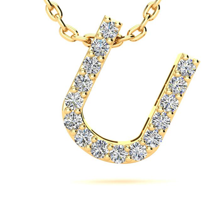 Letter U Diamond Initial Necklace In 14K Yellow Gold With 13 Diamonds