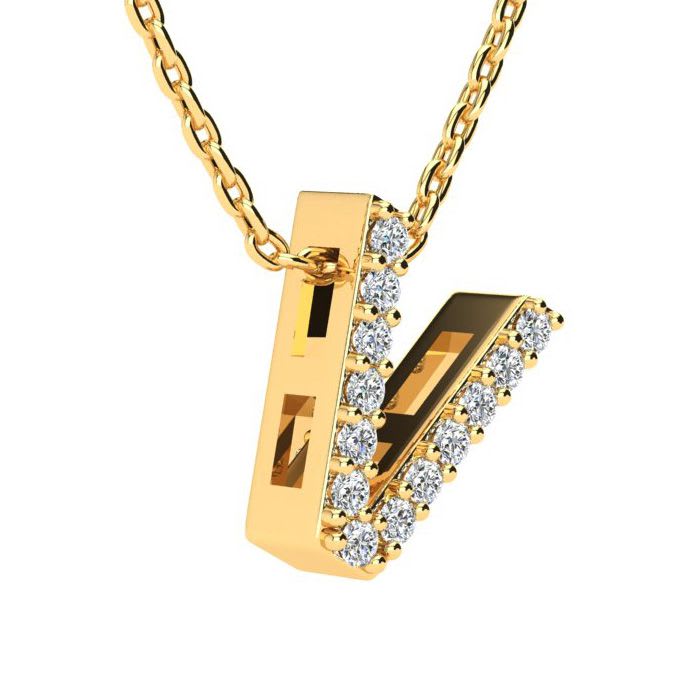 Letter V Diamond Initial Necklace In 14K Yellow Gold With 13 Diamonds