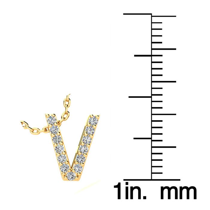 Letter V Diamond Initial Necklace In 14K Yellow Gold With 13 Diamonds