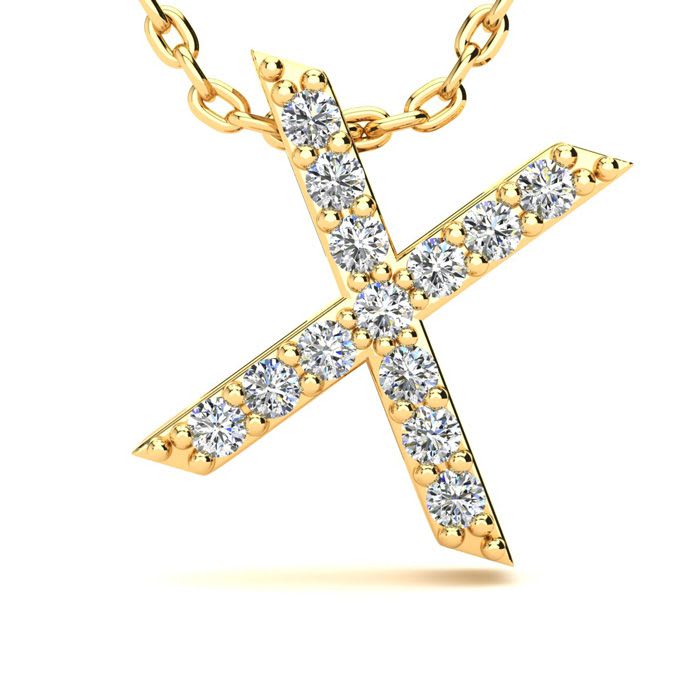 Letter X Diamond Initial Necklace In 14K Yellow Gold With 13 Diamonds