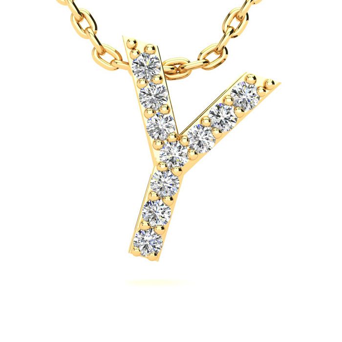 Letter Y Diamond Initial Necklace In 14K Yellow Gold With 13 Diamonds