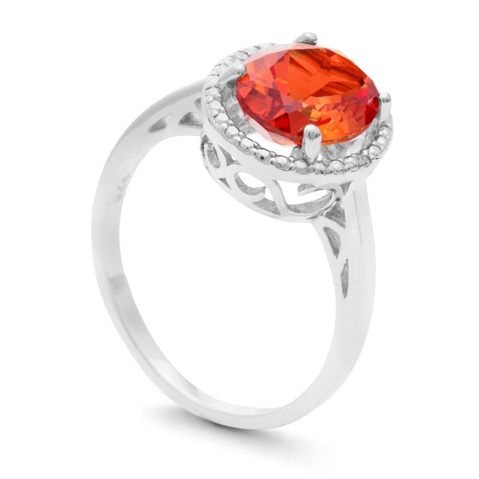 2.75ct Oval Created Padparadscha Sapphire and Diamond Halo Ring 