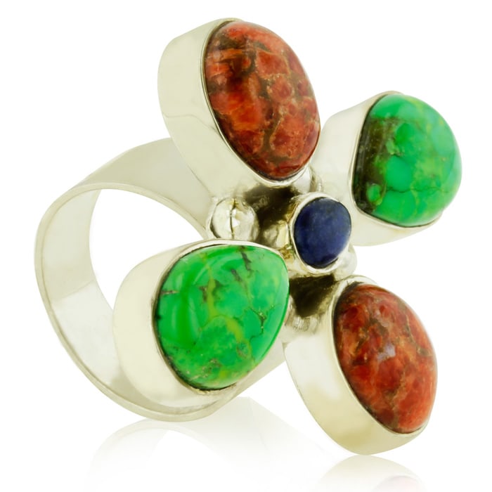 Green Turquoise, Coral and Lapis Floral Statement Ring In Sterling Silver