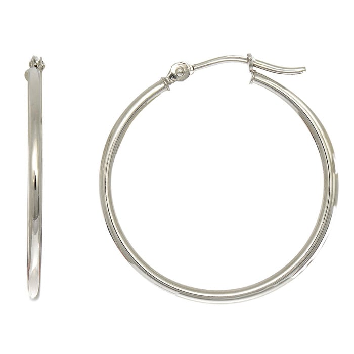 14 Karat White Gold Polish Finished 25mm Hoop Earrings With Hinge With Notched Closure