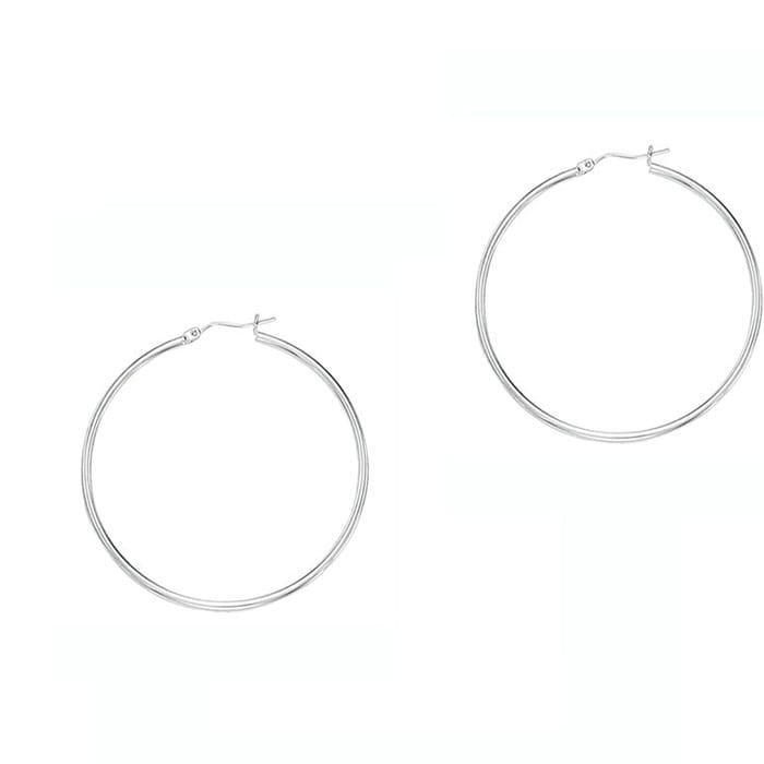 14 Karat White Gold Polish Finished 30mm Hoop Earrings With Hinge With Notched Closure