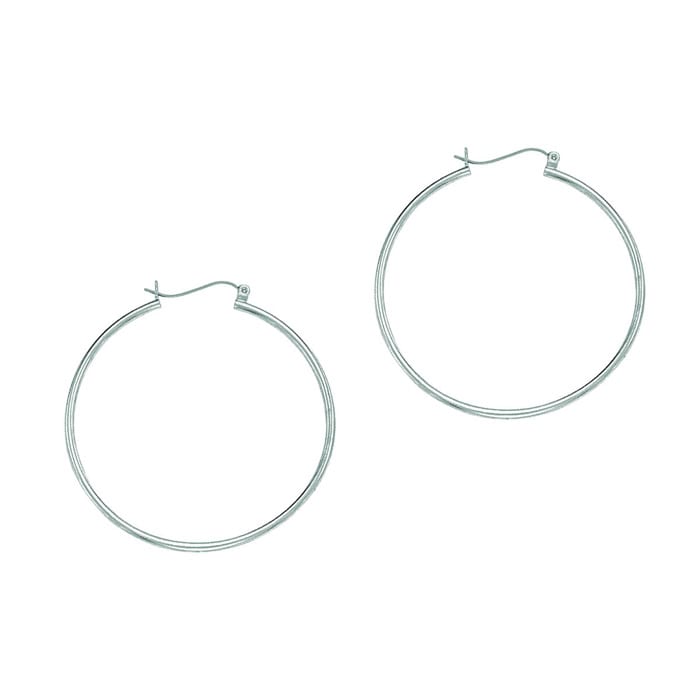 14 Karat White Gold Polish Finished 40mm Hoop Earrings With Hinge With Notched Closure