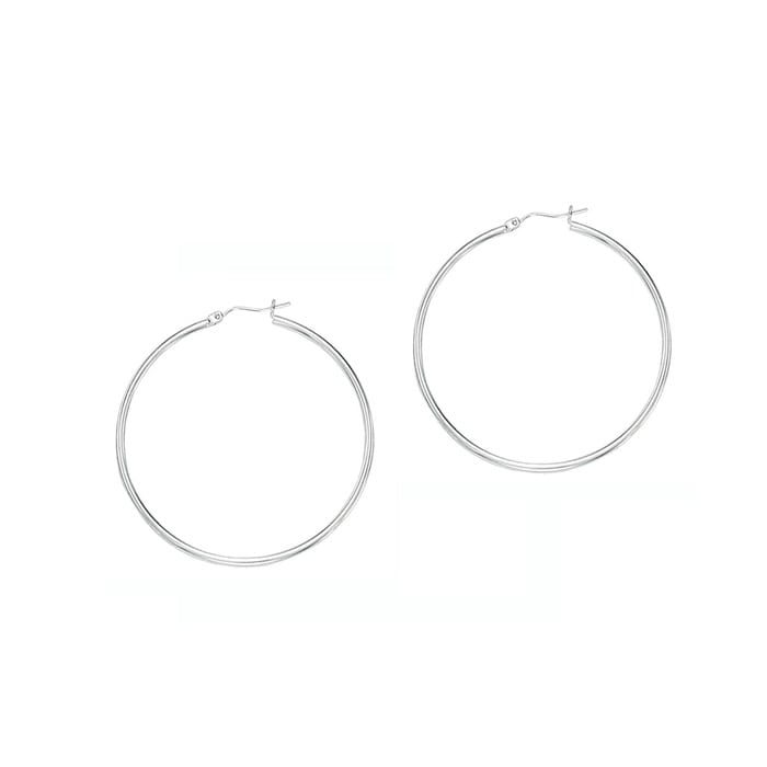 14 Karat White Gold Polish Finished 40mm Hoop Earrings With Hinge With Notched Closure