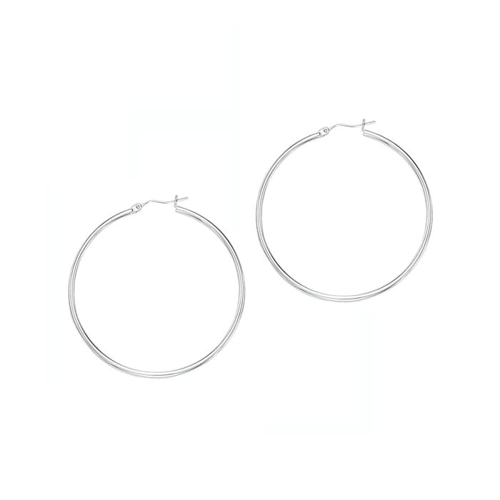 14 Karat White Gold Polish Finished 50mm Hoop Earrings With Hinge With Notched Closure