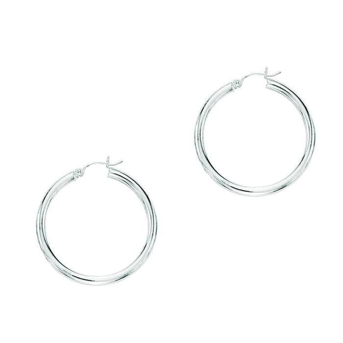 14 Karat White Gold Polish Finished 25mm Hoop Earrings With Hinge With Notched Closure
