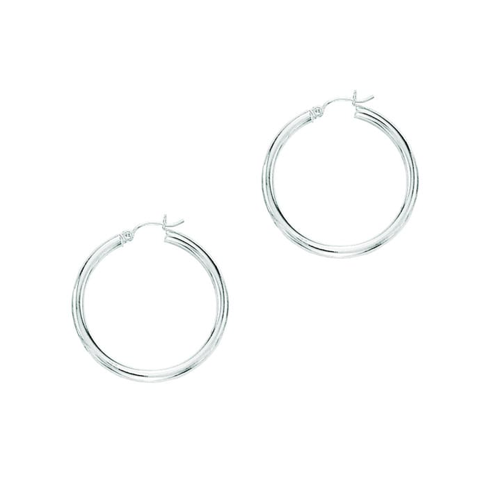 14 Karat White Gold Polish Finished 30mm Hoop Earrings With Hinge With Notched Closure