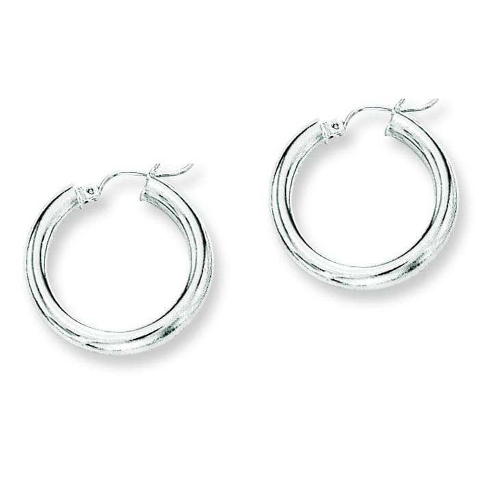 14 Karat White Gold Polish Finished 25mm Hoop Earrings With Hinge With Notched Closure