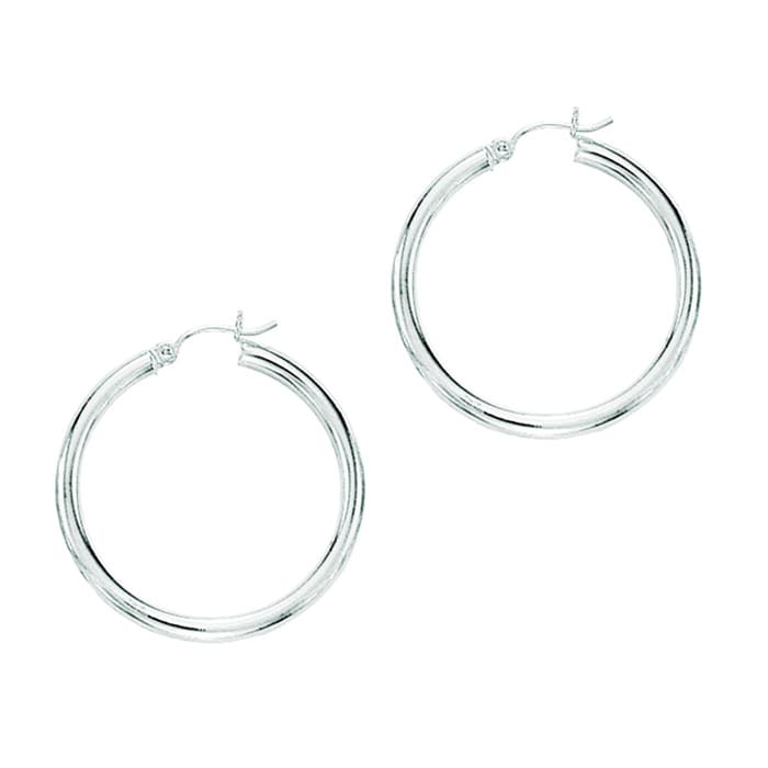 14 Karat White Gold Polish Finished 50mm Hoop Earrings With Hinge With Notched Closure