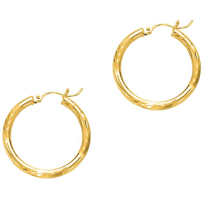 14 Karat Yellow Gold Polish Finished 25mm Diamond Cut Hoop Earrings With Hinge With Notched Closure