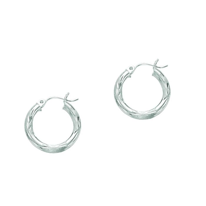 14 Karat White Gold Polish Finished 15mm Diamond Cut Hoop Earrings With Hinge With Notched Closure